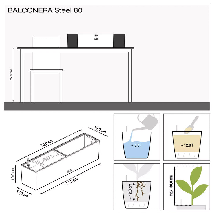 BALCONERA Steel 50 Pearl Grey, Self-Watering Window Box (Railing Planter), H19 L50 W19 cm, 8L