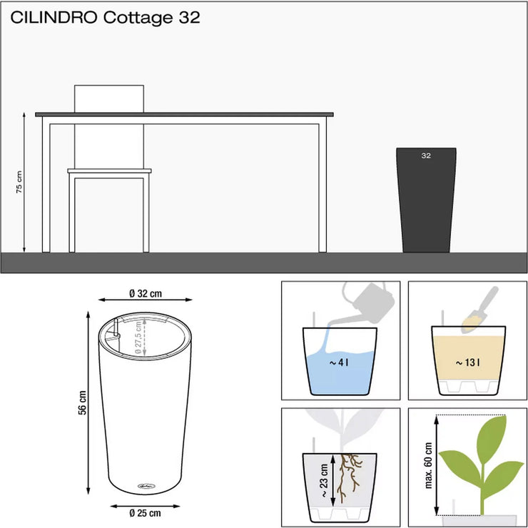 CILINDRO Cottage 23 Granite, Self-Watering Tall Planter, D23 H41 cm, 5.5L